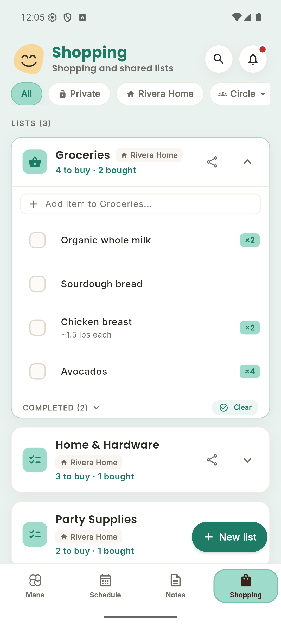 Mana shopping tab showing grocery items, quantities, and clear completed button