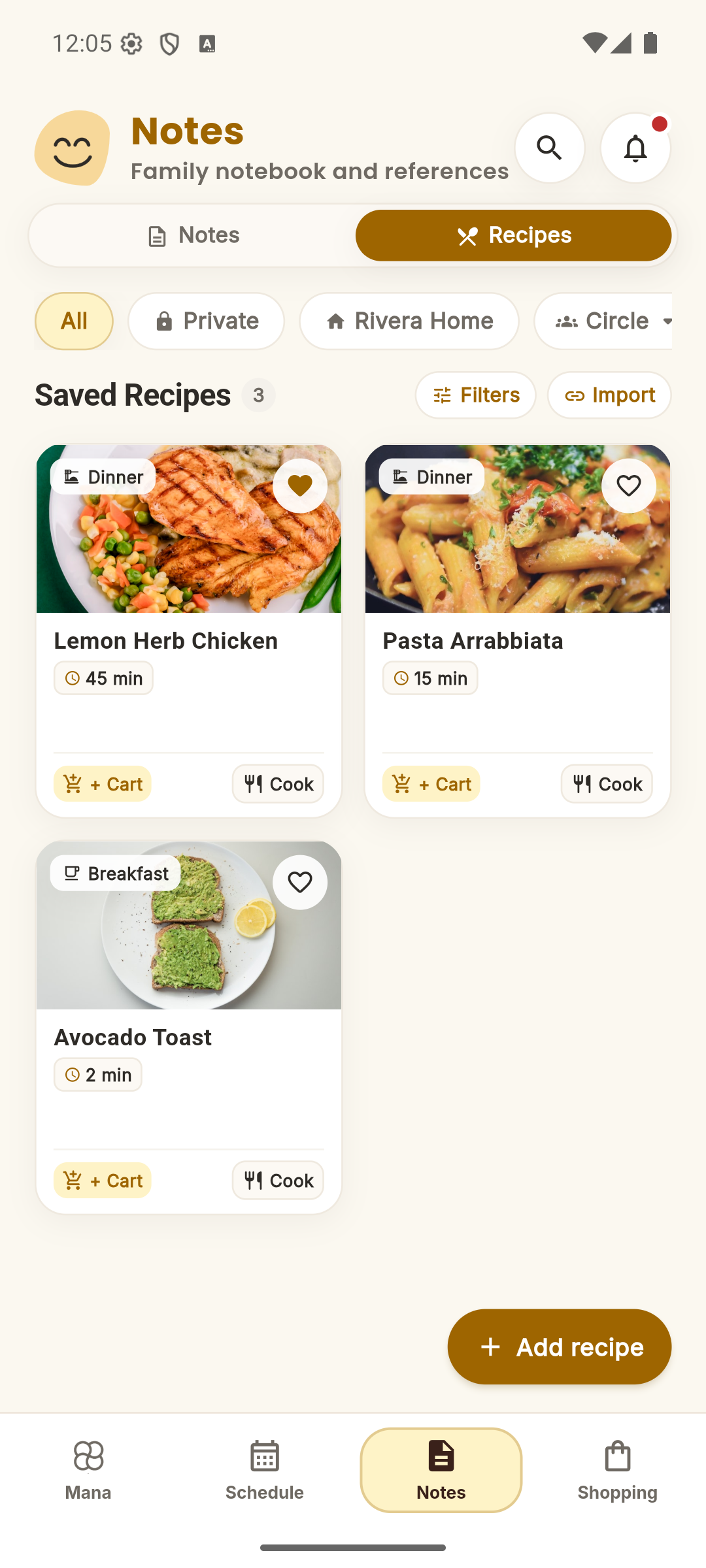 The recipe box inside Notes, with cook times and add-to-cart on each card