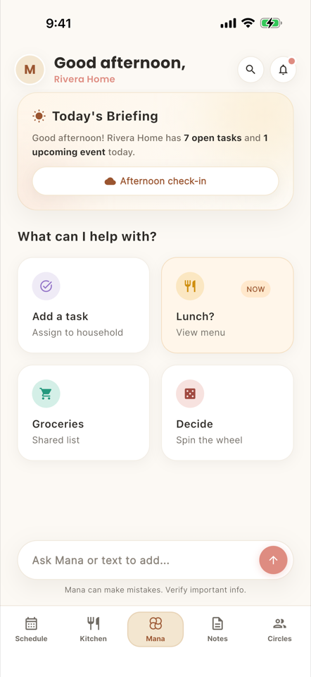 Mana home screen showing tasks, events, kitchen, and notes