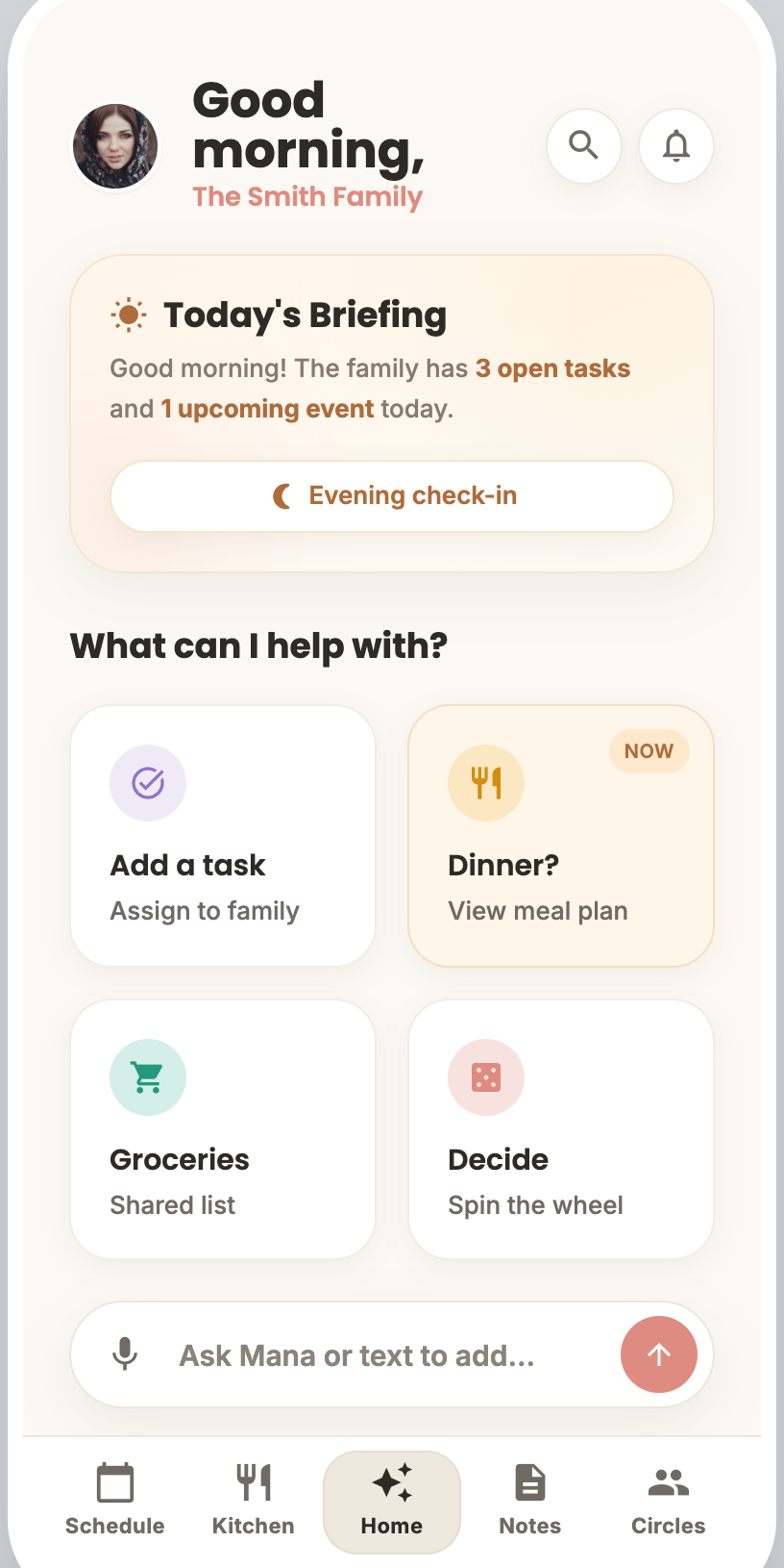 Mana home screen showing tasks, events, kitchen, and notes