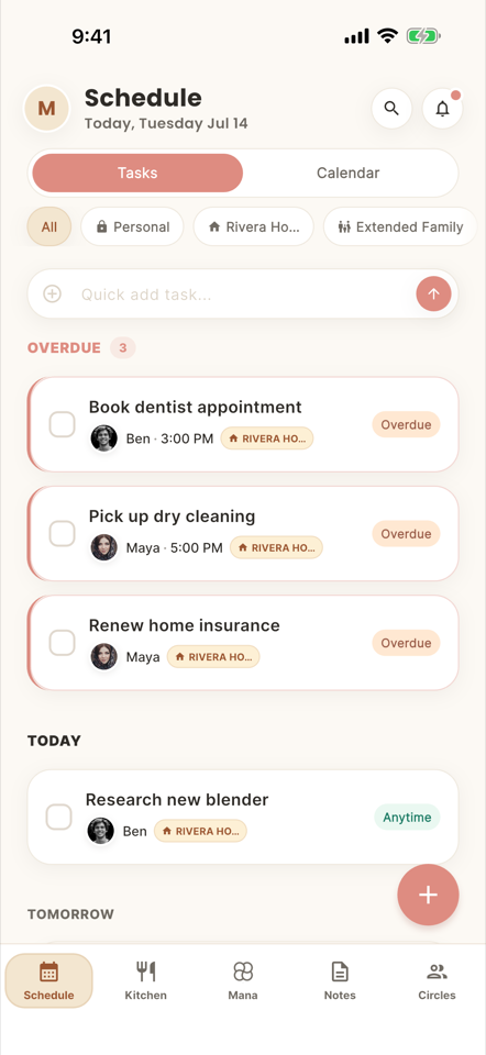 Mana schedule screen showing tasks and calendar