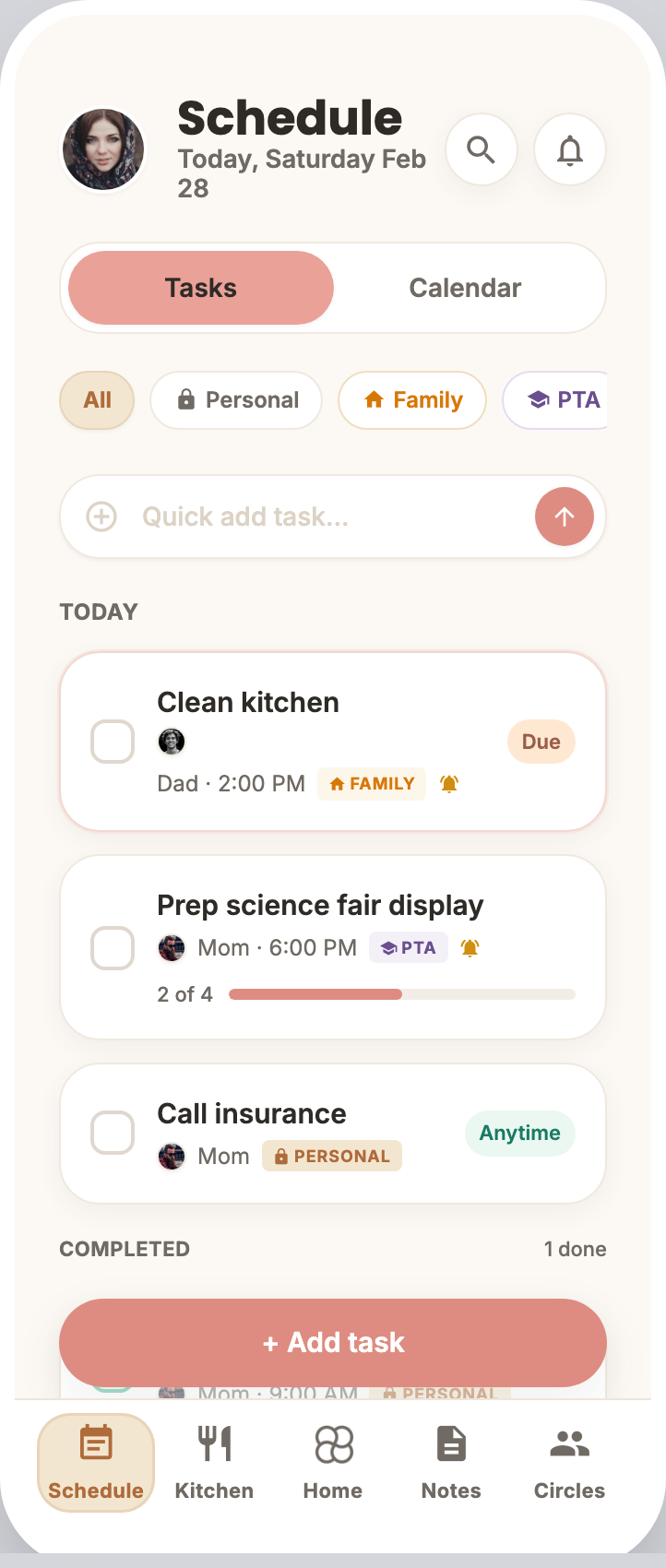 Mana schedule — tasks and calendar in one view